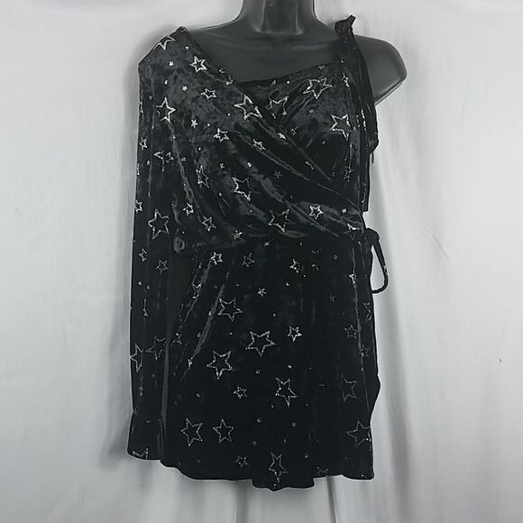 Topshop Star Velvet Asymmetrical Sleeve Romper 8 Black Silver Metallic Punk Sexy - Picture 5 of 5
